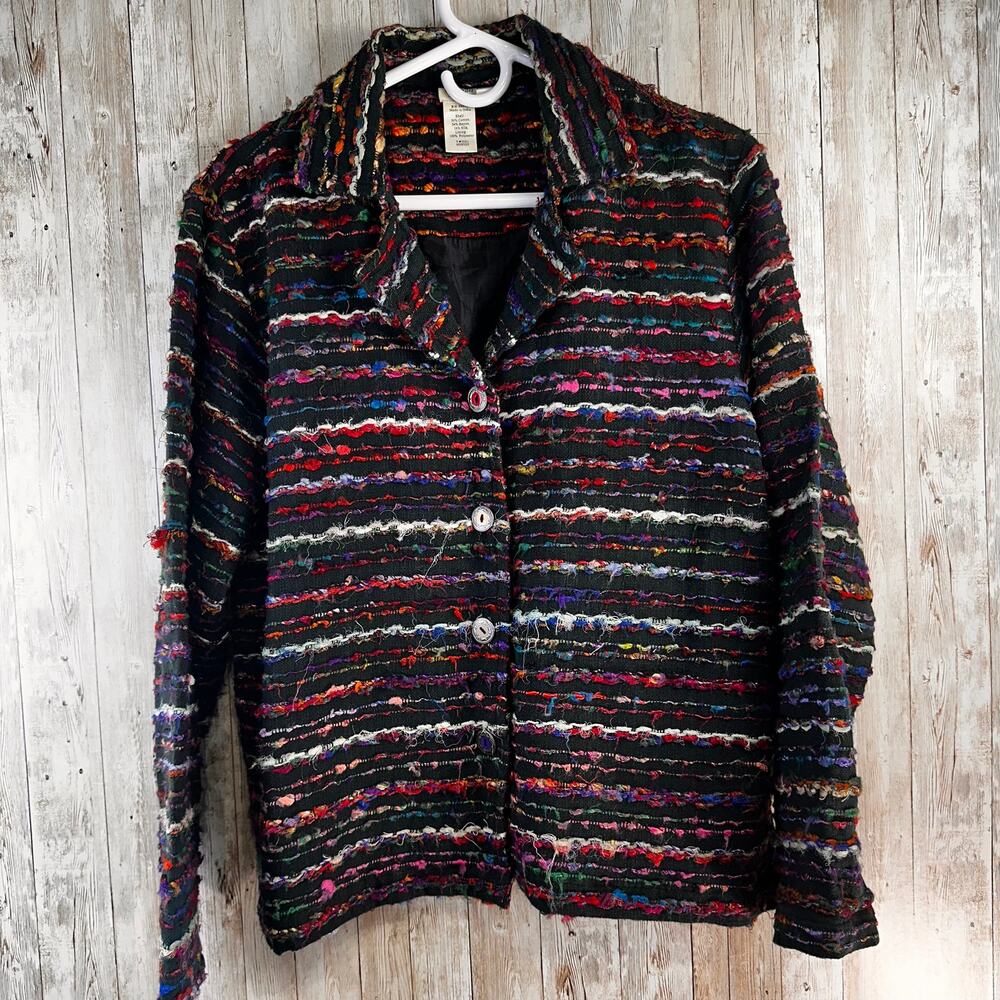 Vintage Coldwater Creek Blazer Jacket Womens M Green Colorful Striped Silk Blend